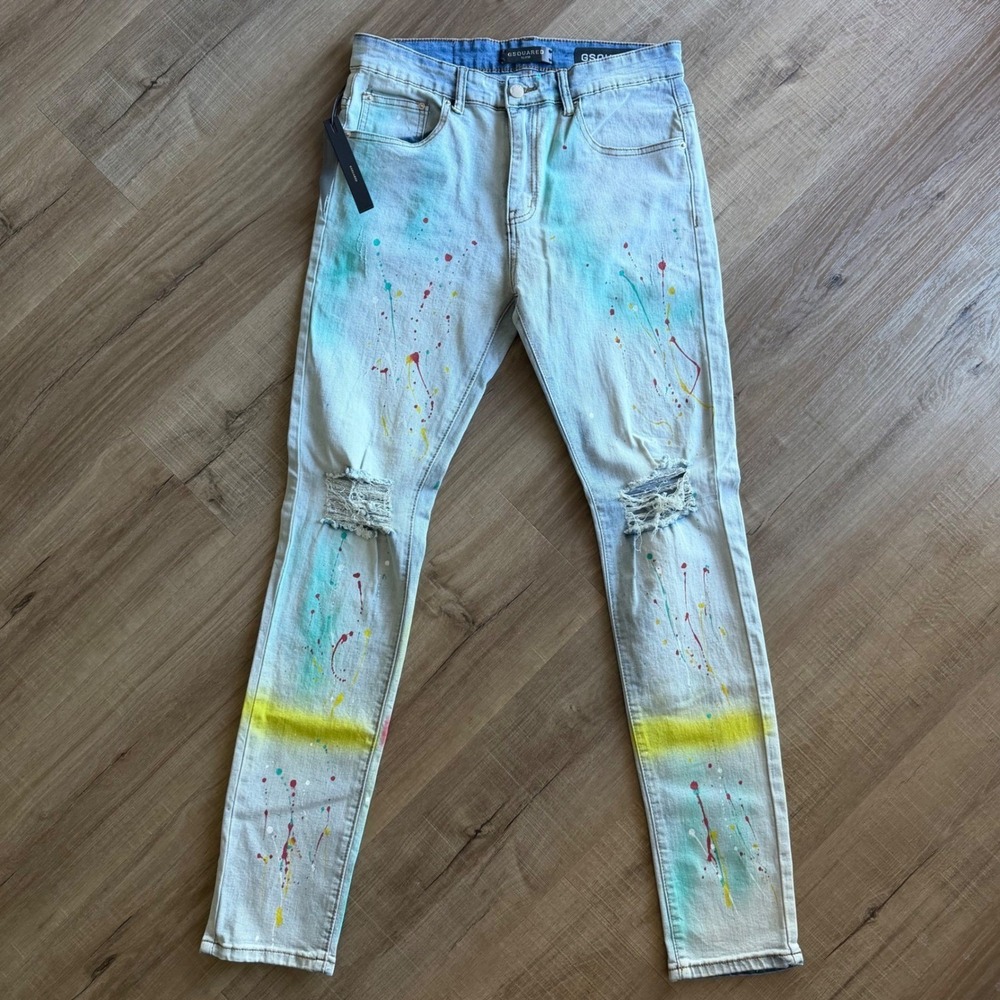 GSQUARED Mens Paint Splatter Distressed Slim Fit Jeans Light Wash 32x32 NEW